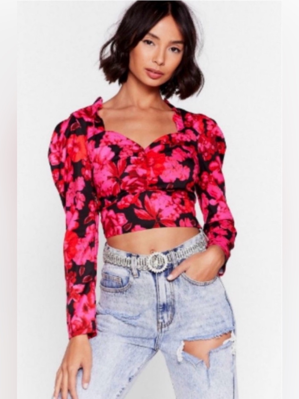 NWT Nasty Gal Pink Floral Long Sleeve Crop Top - 4 (Small)